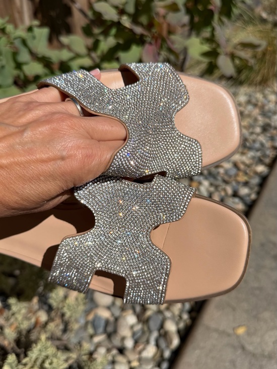 a new day Shoes - Sparkly Rhinestones Nude Slide Sandals with Crystal-Strap Accents in H Style